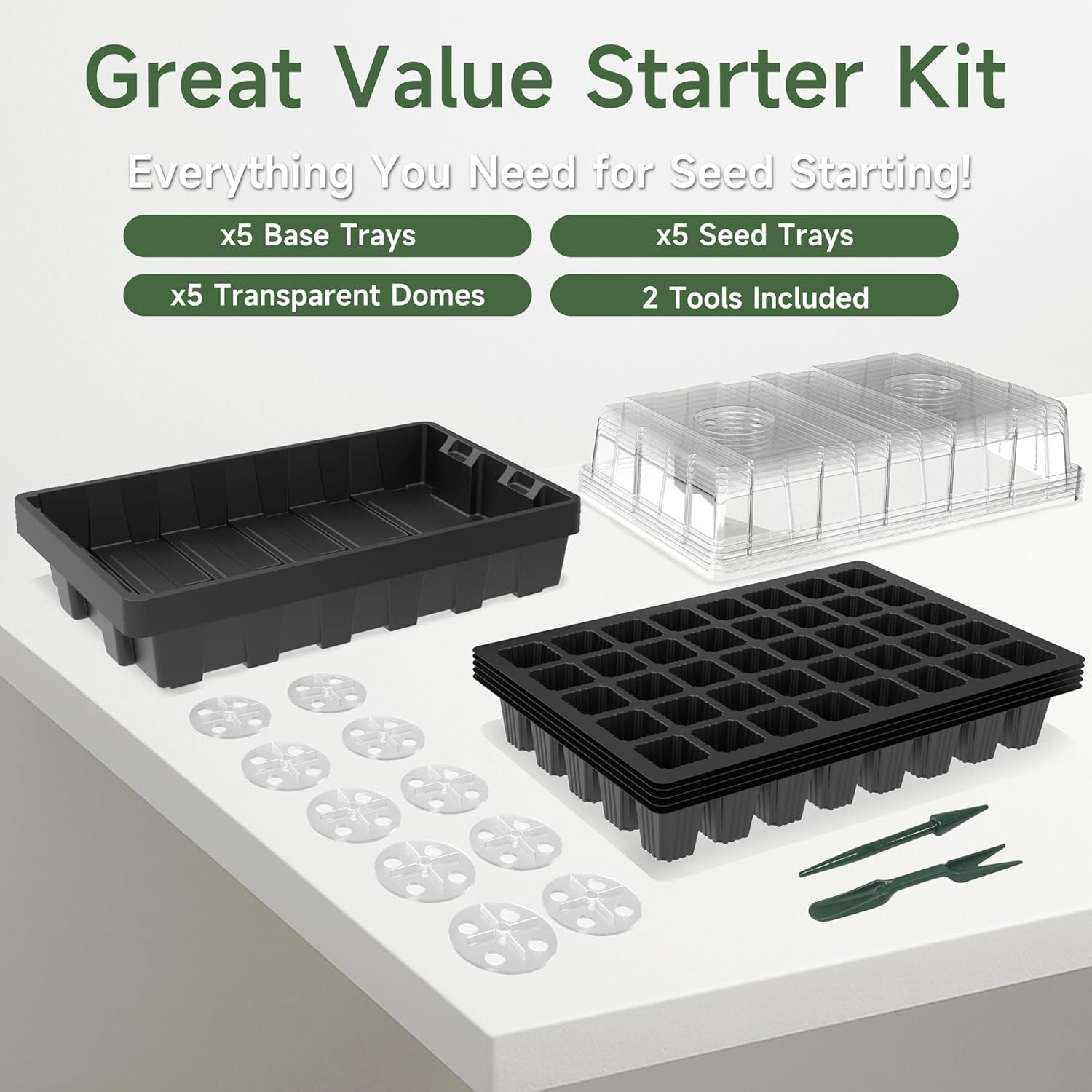 5-Set Garden Propagator Set, Seed Tray Kits with 200-Cell, Seed Starter Tray with Dome and Base 15" X 9" (40-Cell per Tray)