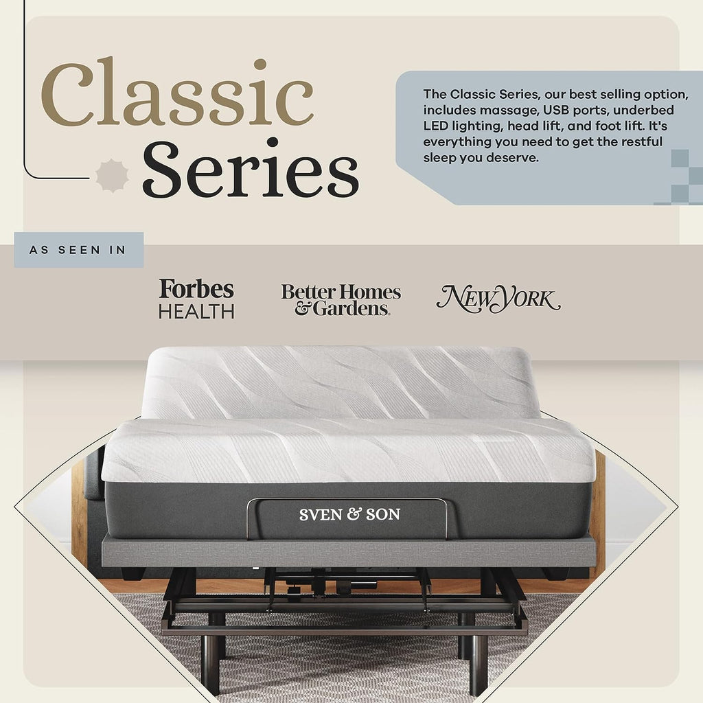 Queen Adjustable Bed Base Frame + 14” Luxury Cool Gel Memory Foam Hybrid Mattress, Head up Foot Up, USB Ports, Zero Gravity, Interactive Dual Massage, Wireless, Classic (Queen)